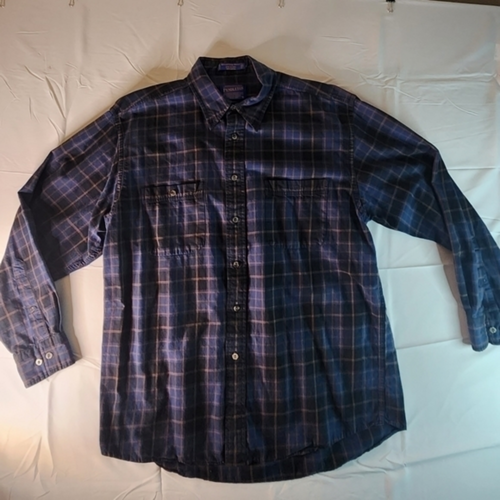 PENDLETON Expedition Mens Shirt Blue Plaid Flannel‎ Size Large 100% Cotton B166.